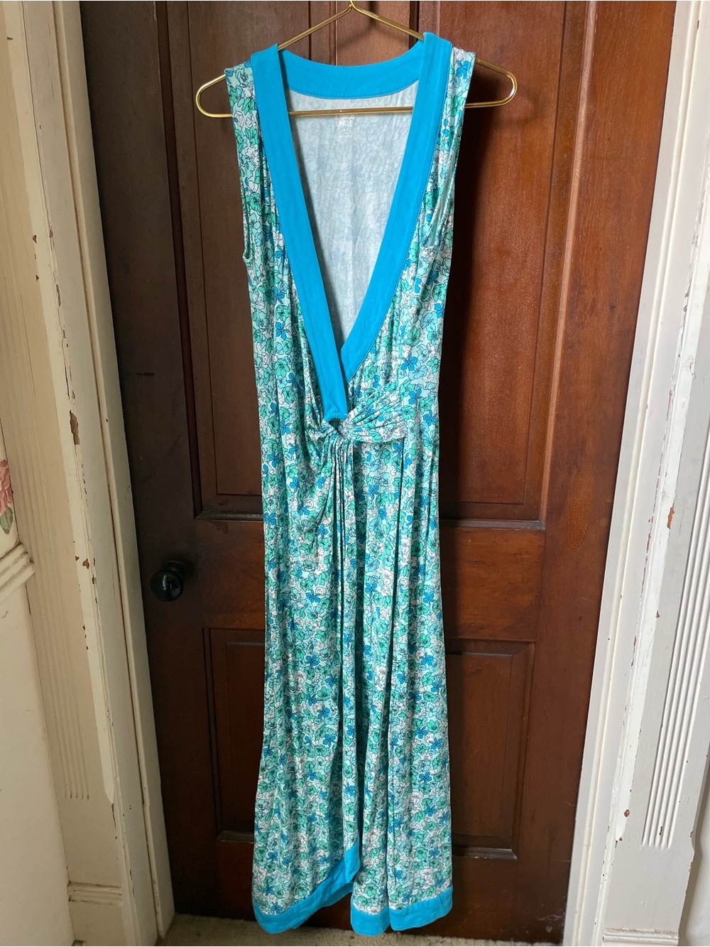 Lands' End women's medium tall sleeveless blue floral maxi dress